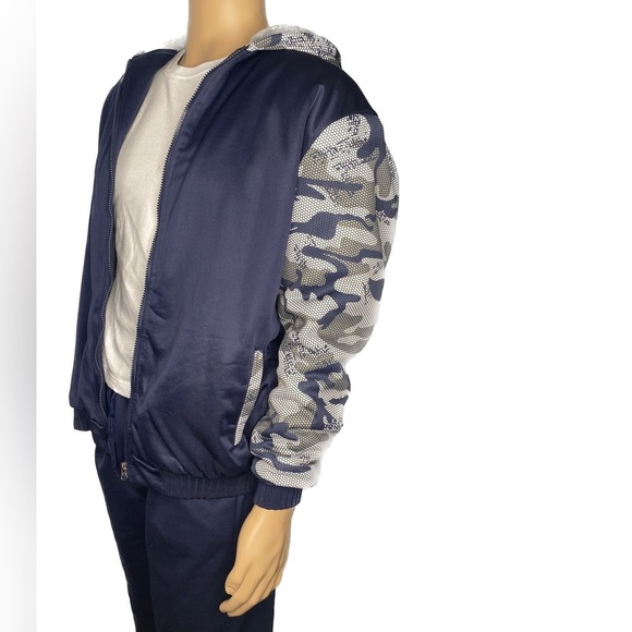 Fleece Lined Camo Hooded Jacket (Size: 4XL Youth, Color: Navy Blue/Grey) - Picture 3 of 4